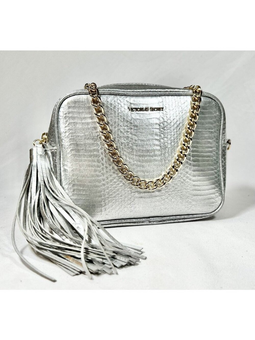 Victoria Secret Metallic Silver Faux Leather Snakeskin Crossbody Bag, NWT